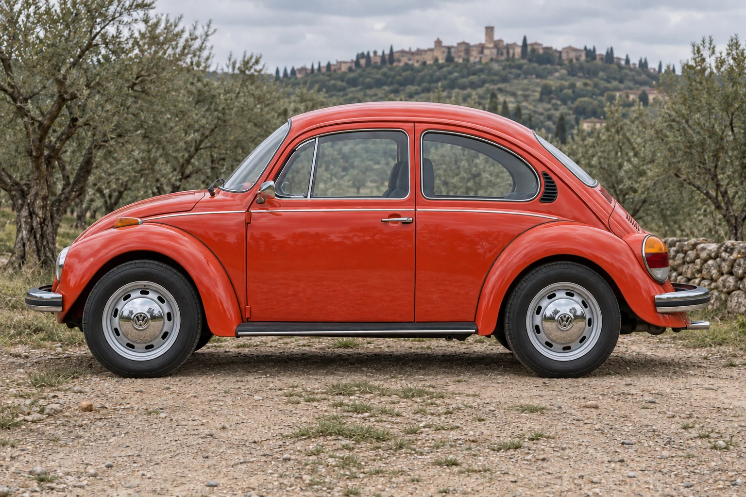 Seitenansicht (Fahrerseite) des VW Käfer 4 als 1303 (mit KI erzeugt)