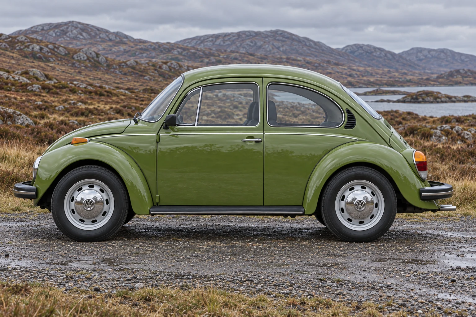 Seitenansicht (Fahrerseite) des VW Käfer 5 als 1303 (mit KI erzeugt)