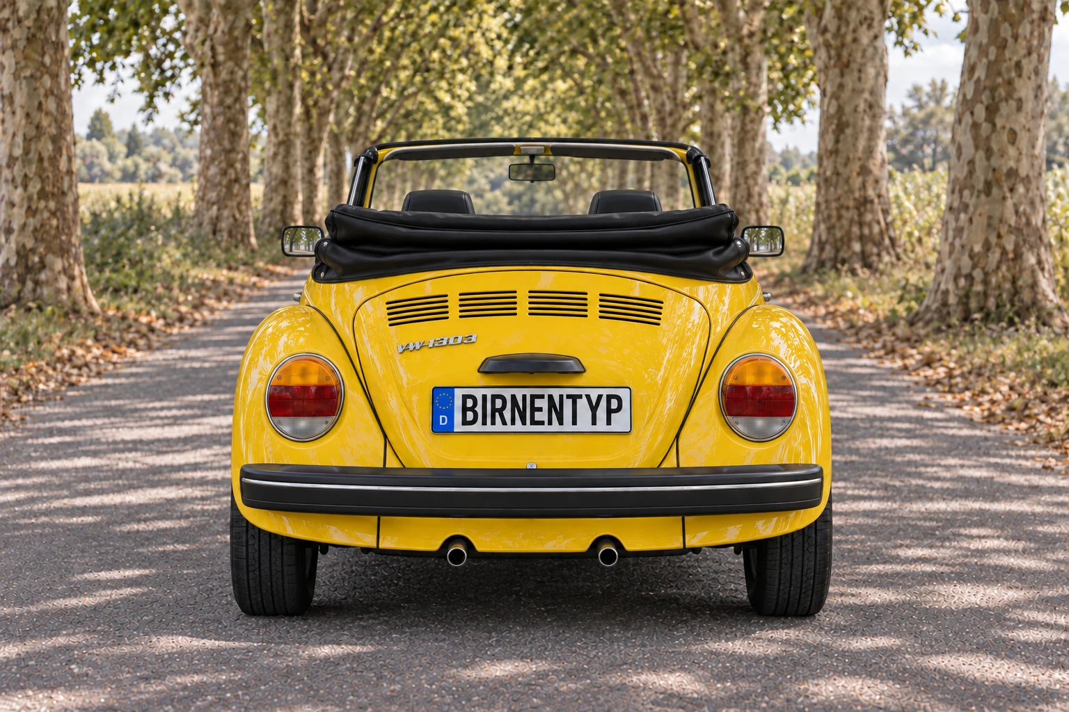 Heck-Ansicht des VW Käfer 5 (1303 Cabriolet) (mit KI erzeugt)