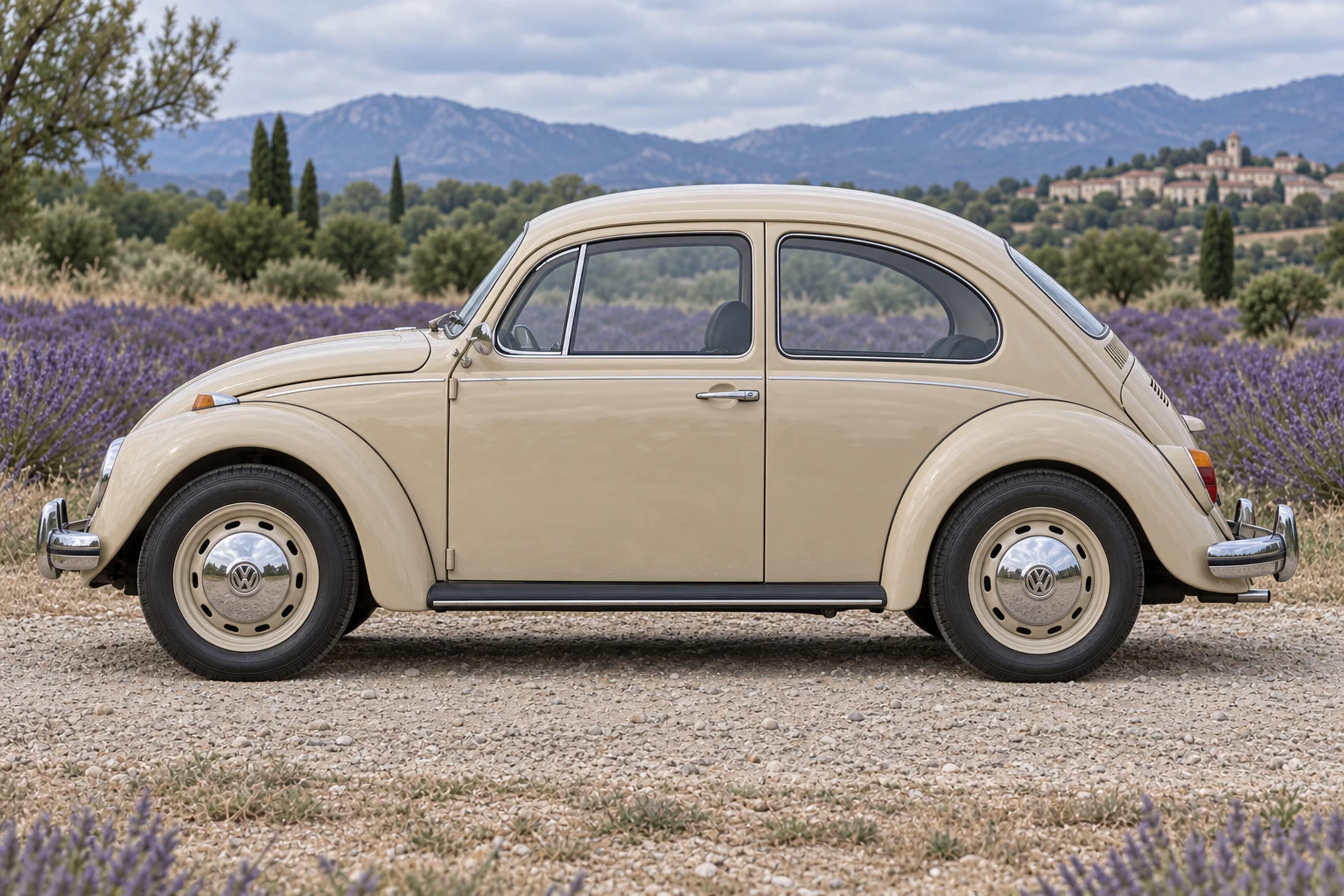 Seitenansicht (Fahrerseite) des VW Käfer 4 als Limousine 1200/1300/1500 (mit KI erzeugt)