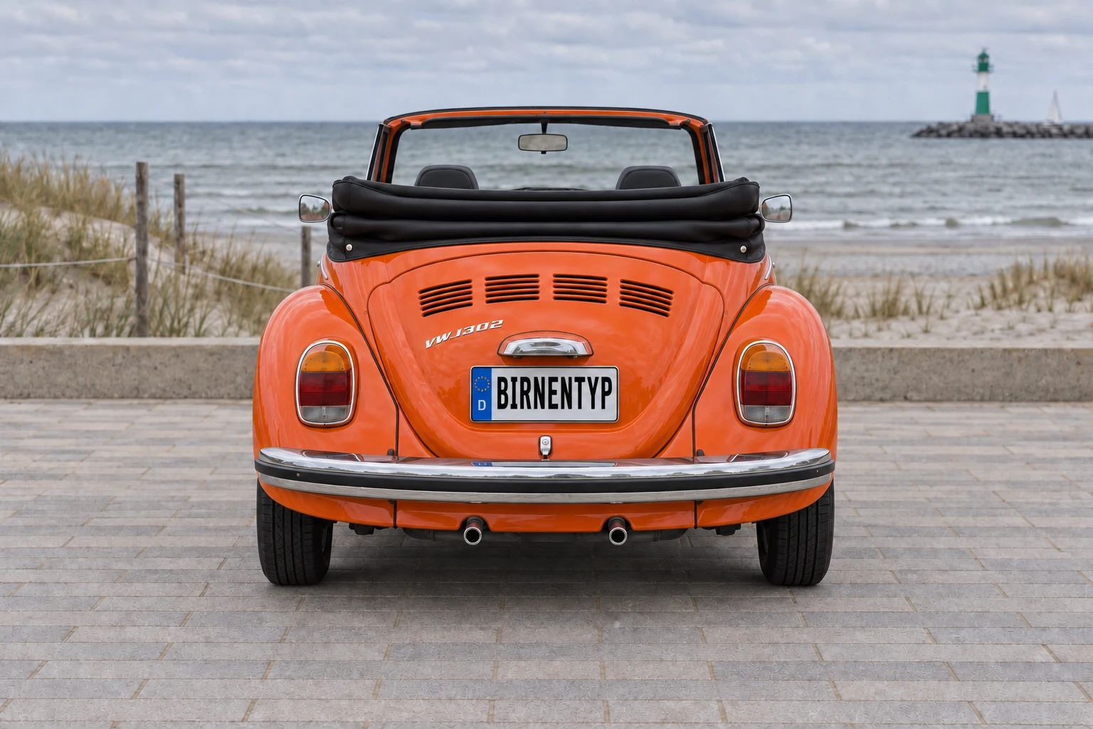 Heck-Ansicht des VW Käfer 4 (Cabriolet) (mit KI erzeugt)
