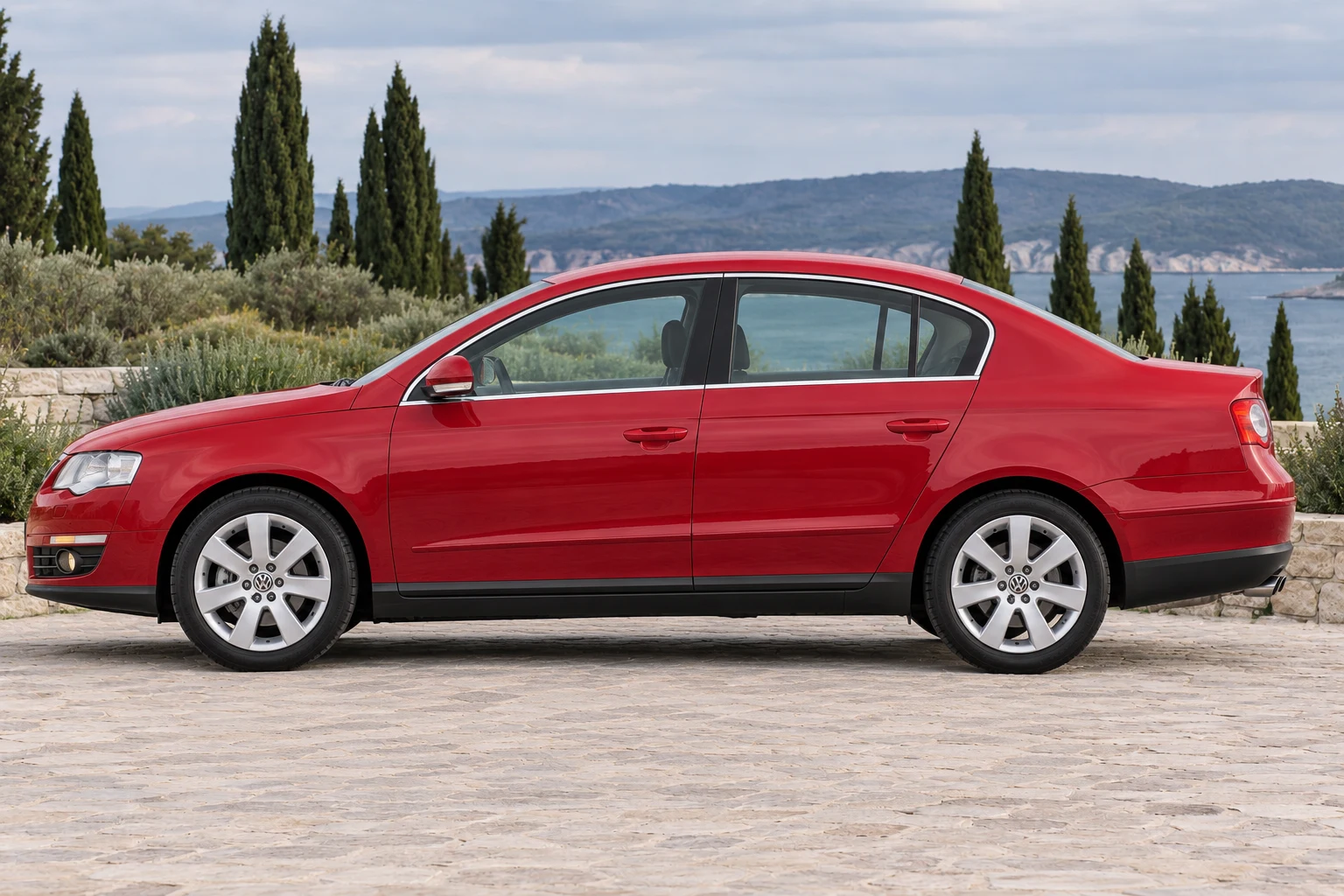 Seitenansicht (Fahrerseite) des VW Passat 6 als Limousine (mit KI erzeugt)