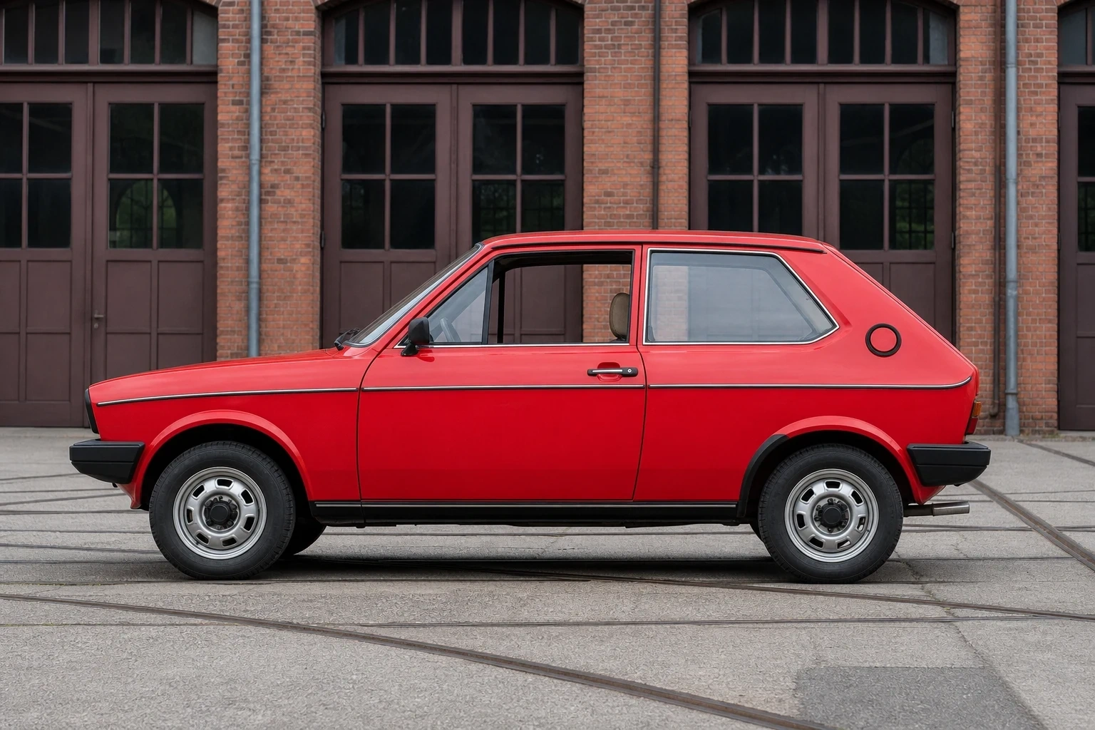 Seitenansicht (Fahrerseite) des VW Polo 1 als 3-Türer Facelift (1979) (mit KI erzeugt)