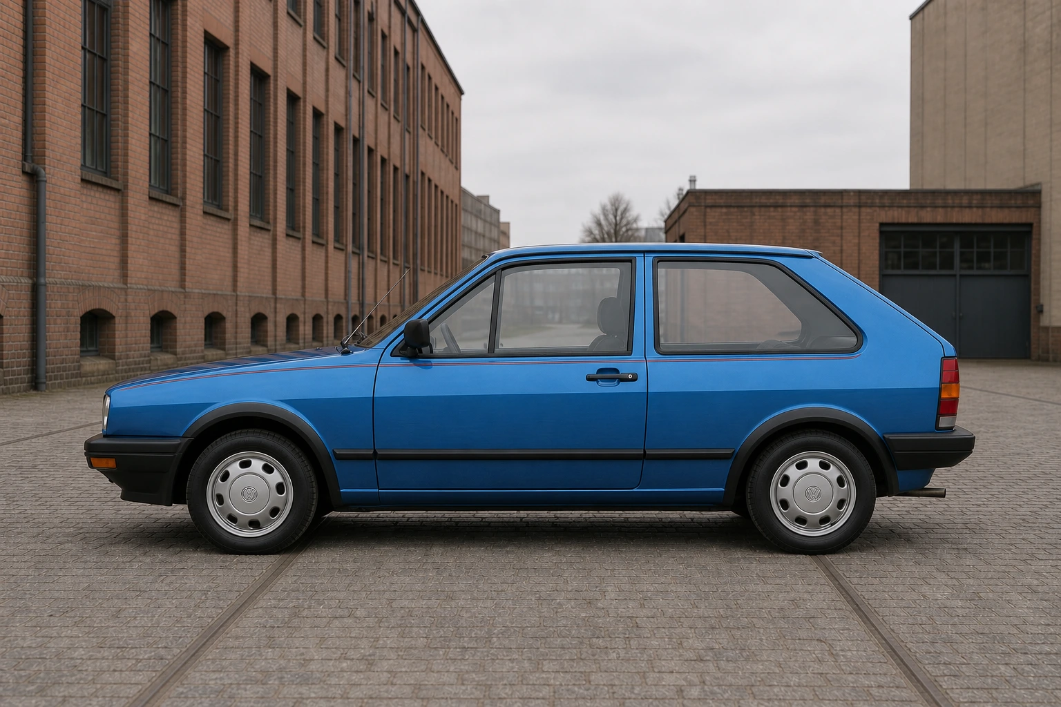 Seitenansicht (Fahrerseite) des VW Polo 2 als Coupé (Schrägheck) (mit KI erzeugt)