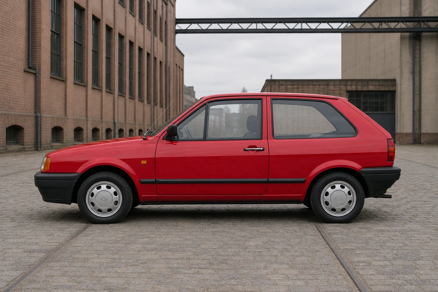 Seitenansicht (Fahrerseite) des VW Polo als Coupé (Schrägheck) (mit KI erzeugt)