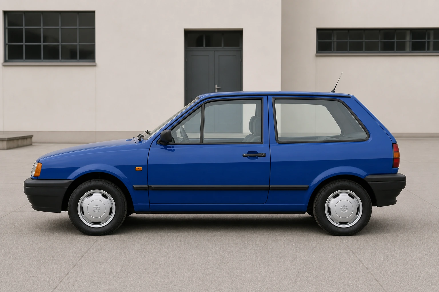 Seitenansicht (Fahrerseite) des VW Polo als Steilheck (mit KI erzeugt)