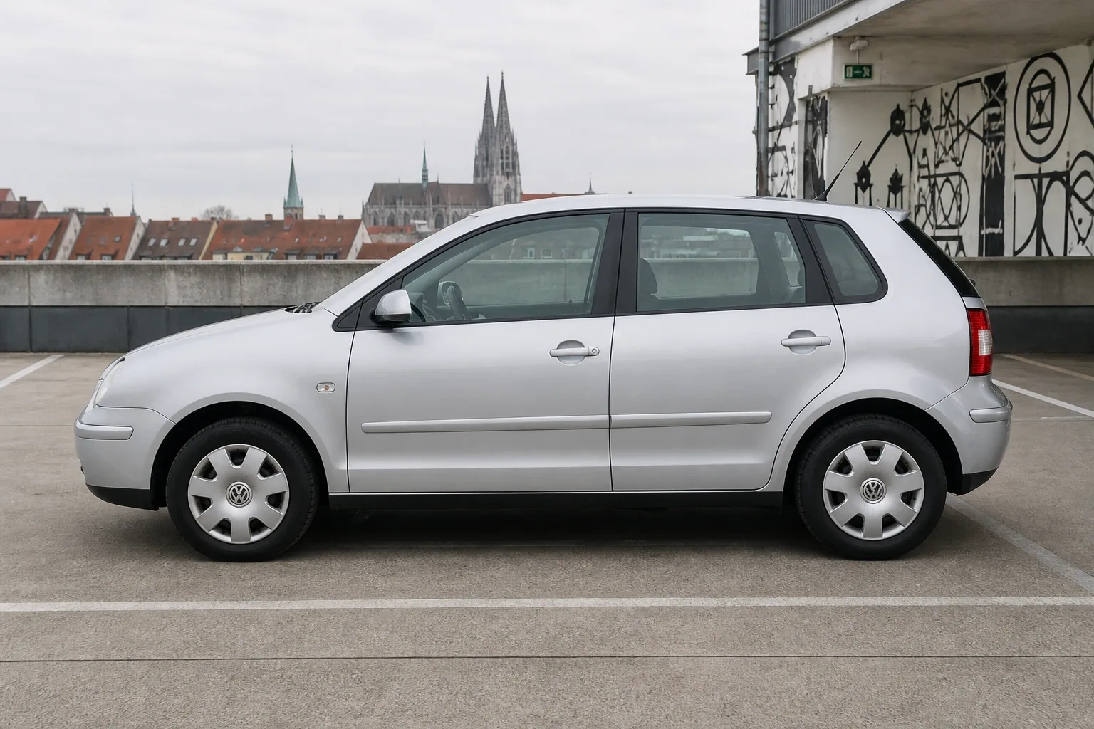 Seitenansicht (Fahrerseite) des VW Polo 4. Gen als 3-, 5-Türer & Polo Fun (mit KI erzeugt)