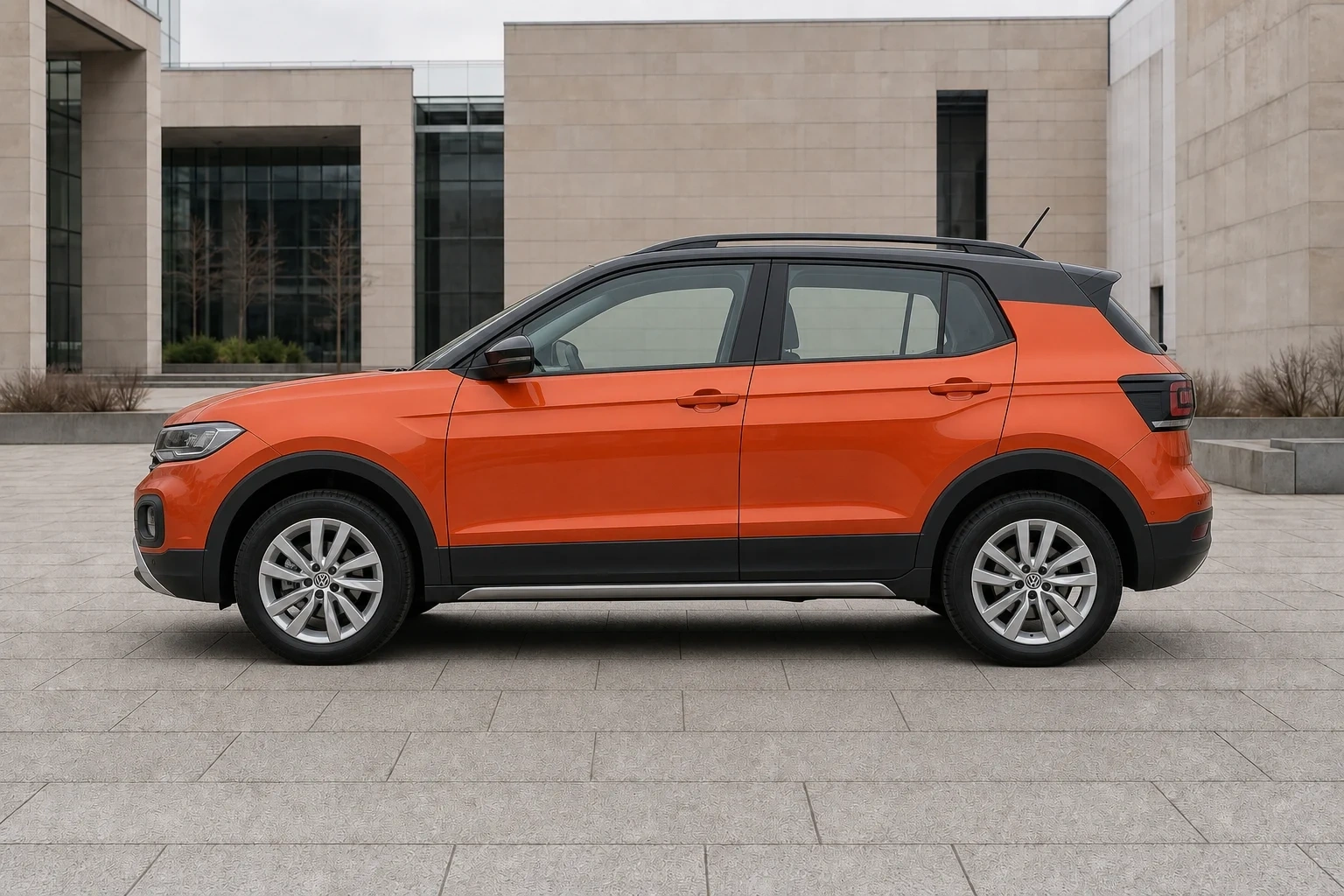 Seitenansicht (Fahrerseite) des VW T-Cross 1. Gen als SUV (mit KI erzeugt)