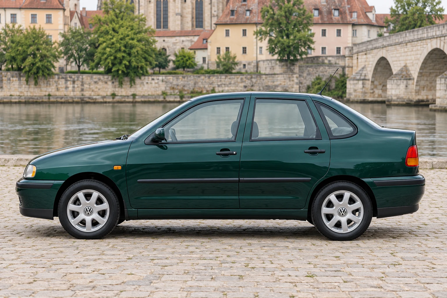 Seitenansicht (Fahrerseite) des VW Polo 3 als Classic (Limousine) (mit KI erzeugt)