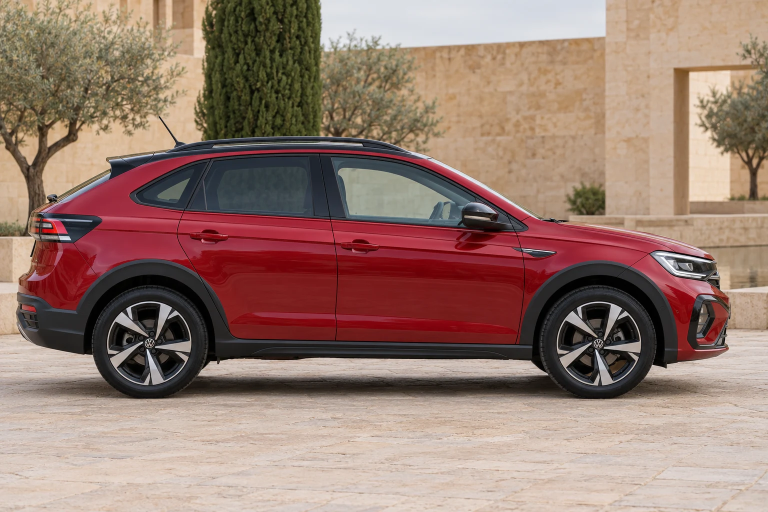 Seitenansicht (Fahrerseite) des VW Taigo 1 als SUV (mit KI erzeugt)
