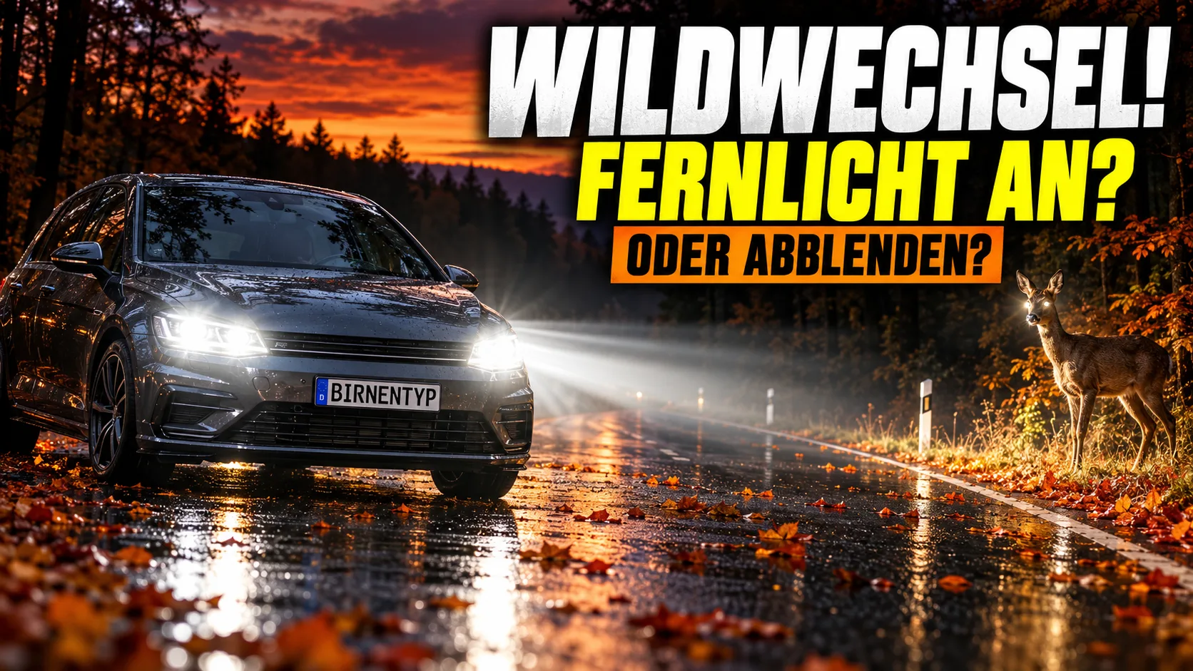 KI-generiertes Thumbnail: Auto mit Fernlicht auf herbstlicher Landstraße, am Waldrand ein Reh im Lichtkegel, Aufschrift Wildwechsel! Fernlicht an? Oder abblenden? (mit KI erzeugt)