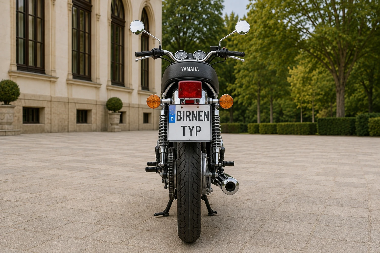 Heck-Ansicht der Yamaha SR 500 (mit KI erzeugt)