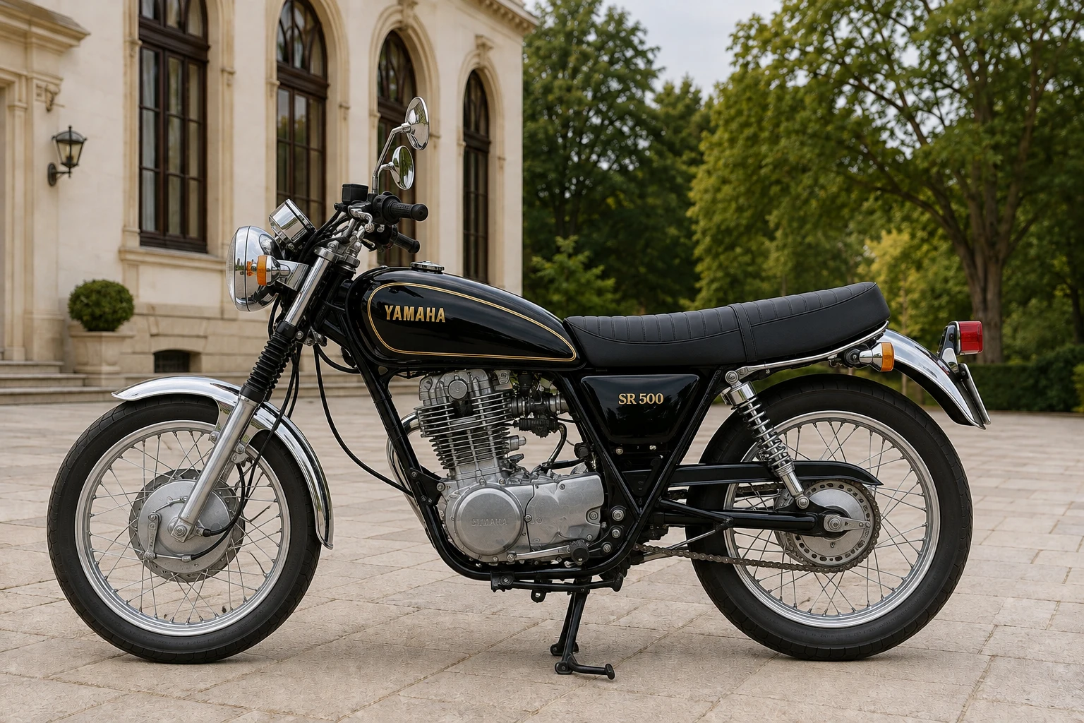 Seitenansicht (Fahrerseite) der Yamaha SR 500 als Naked Bike (mit KI erzeugt)