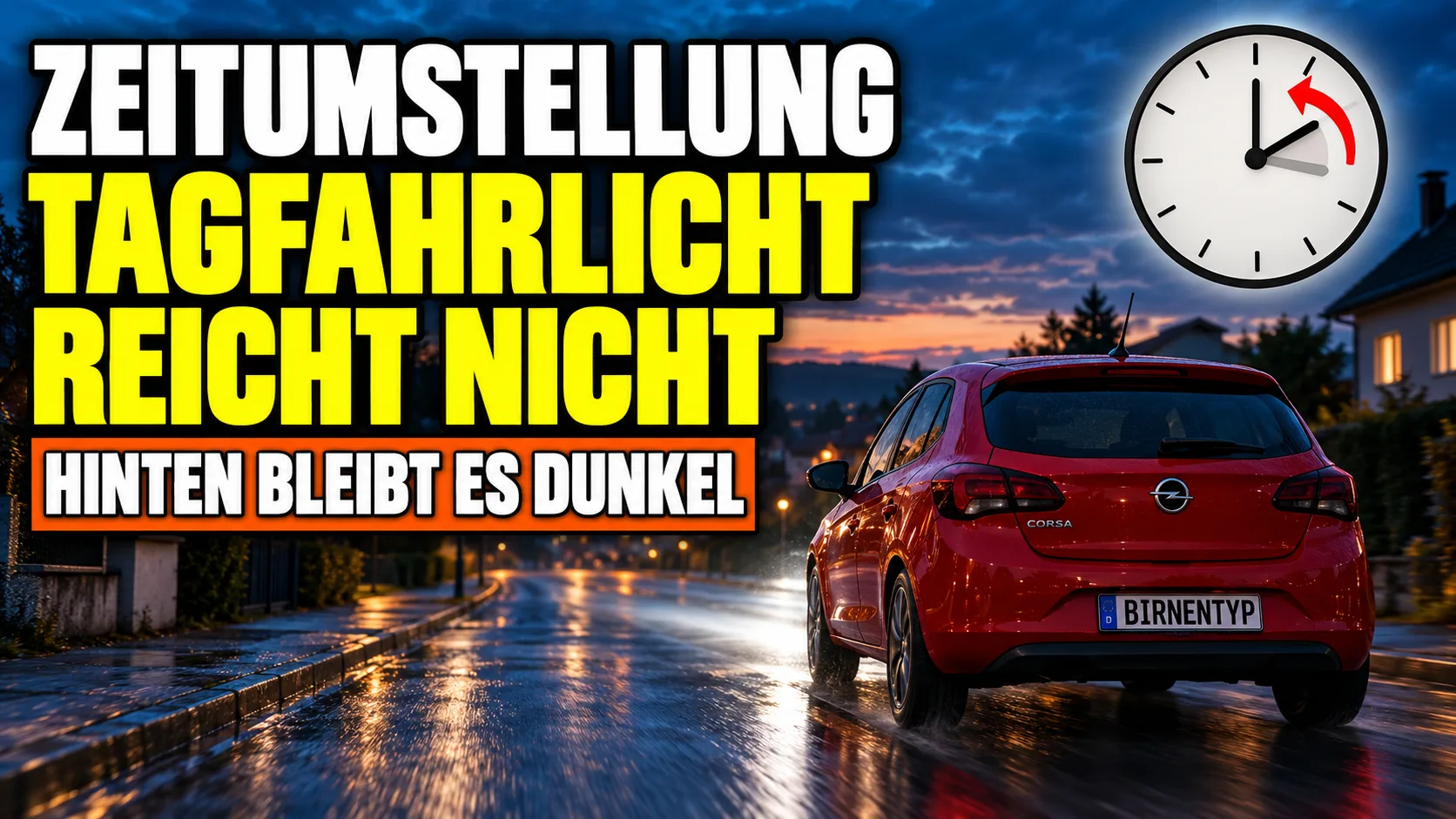 KI-generiertes Thumbnail: roter Opel Corsa in der Abenddämmerung von hinten, Rückleuchten dunkel, Wanduhr wird eine Stunde zurückgestellt, Aufschrift Zeitumstellung – Tagfahrlicht reicht nicht – Hinten bleibt es dunkel (mit KI erzeugt)