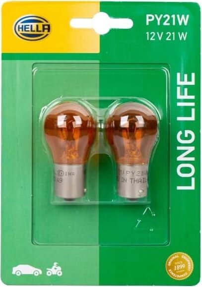 HELLA - Glühlampe - PY21W - Long Life up to 3x longer lifetime - 12V - 21W - Sockelausführung: BAU15d - Blister - Menge: 2 - 8GA 006 841-133, Weiß