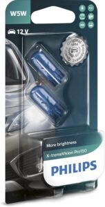 Philips X-tremeVision Pro 150 W5W mit der Lichtfarbe blau für Blinker, Standlicht, Kennzeichenbeleuchtung & Co mit 12 Volt