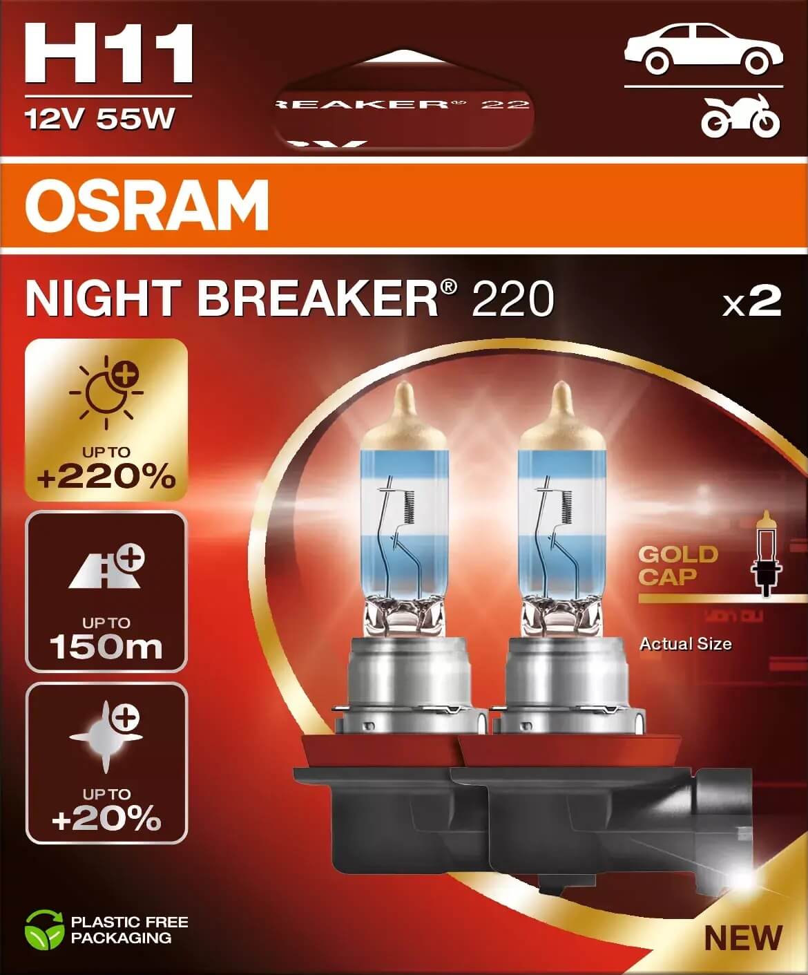 OSRAM NIGHT BREAKER 220, H11, 220% mehr Helligkeit, Halogen-Scheinwerferlampe, 64211NB220-2HB, Faltschachtel (2 Lampen), white